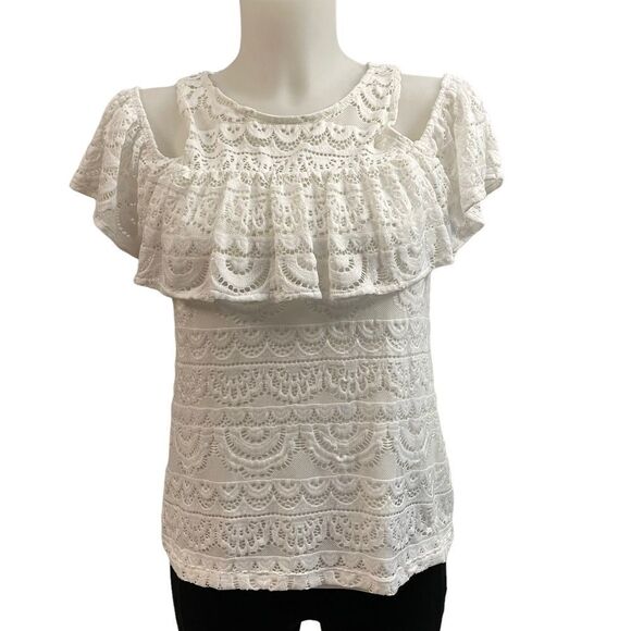 Lilly Pulitzer Lyra Top size XS resort white scalloped stripe lace cold shoulder - Picture 2 of 12